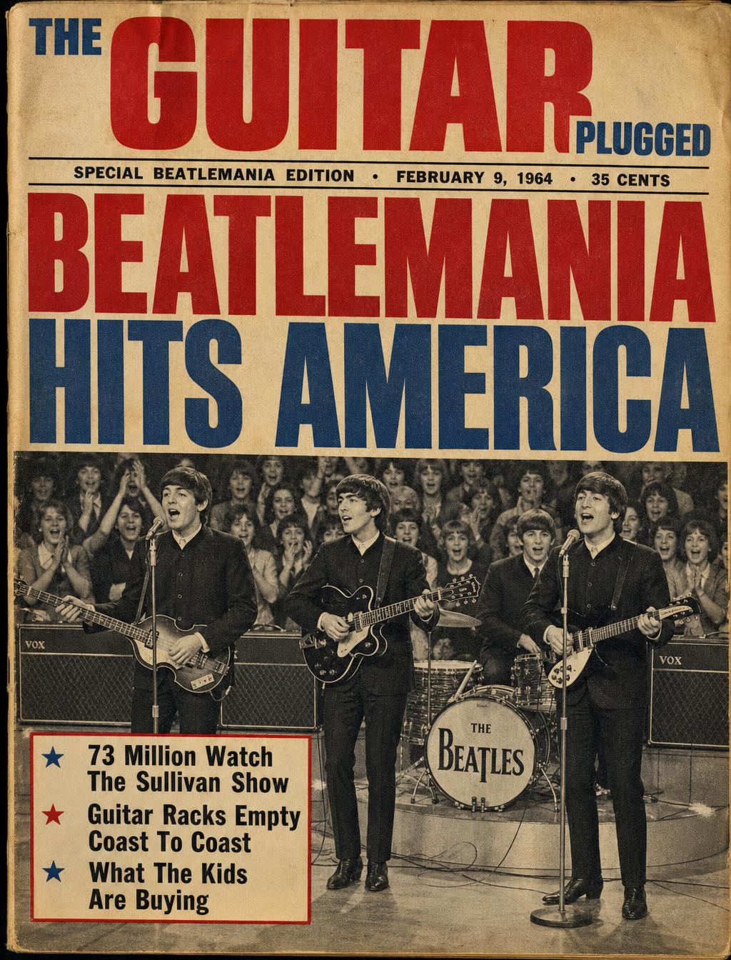 Illustration of a television screen showing four young musicians on stage with electric guitars and amplifiers, studio lights and cables framing the scene.
