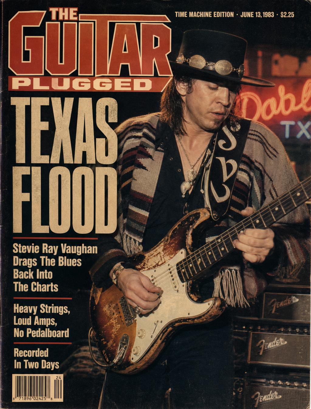 Illustration of a well-worn sunburst Stratocaster leaning against a Fender tube amp with a small overdrive pedal at its feet
