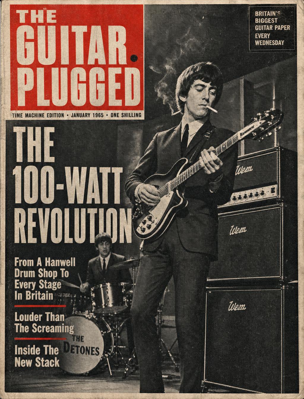 Illustration of a stack of two large guitar amplifier cabinets topped with a black-and-gold amplifier head, cables coiled on the floor of a dimly lit club stage.
