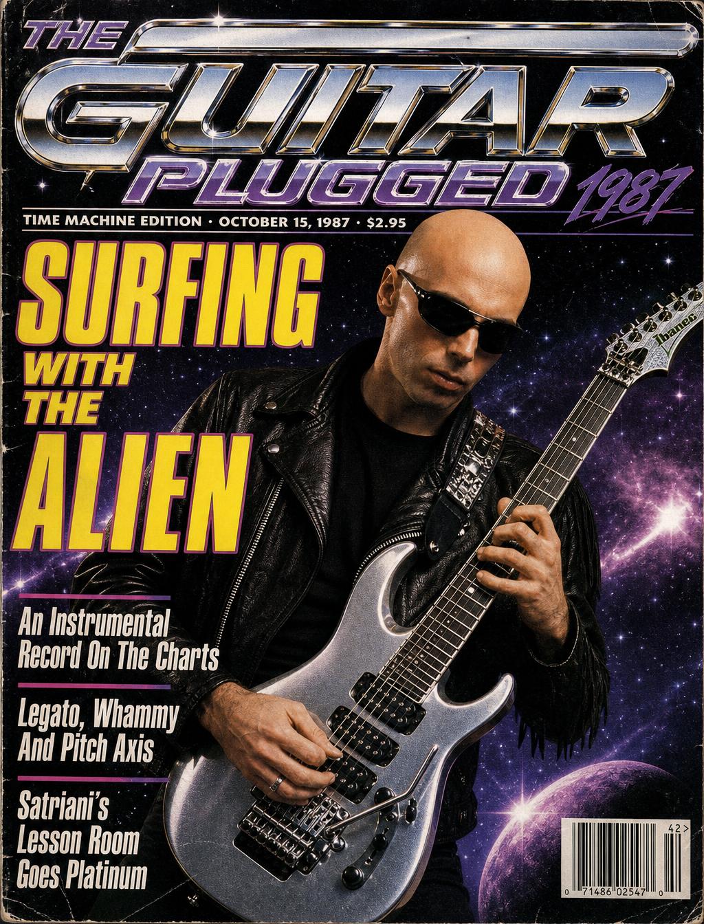 Illustration of a sleek offset electric guitar floating against a starry night sky above a chalkboard covered in music theory diagrams