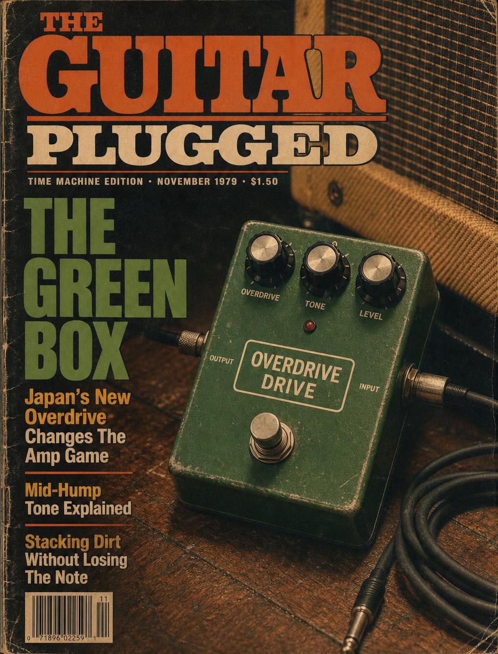 Illustration of a green overdrive guitar pedal with a single knob labeled Drive glowing under stage light, cable running to a tube amplifier