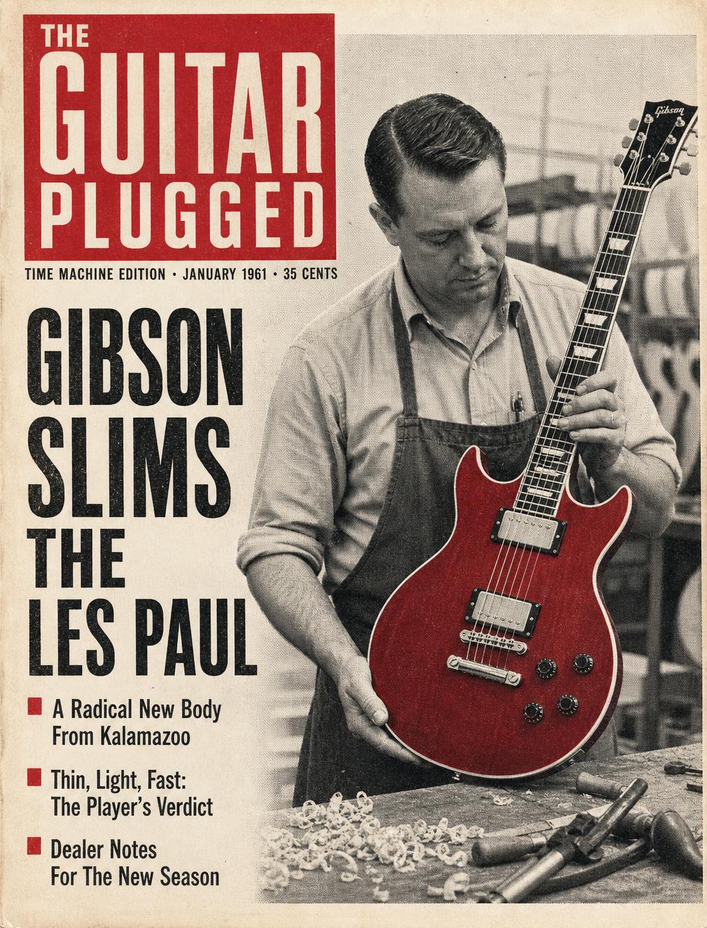 Illustration of a thin, double-cutaway red mahogany electric guitar with sharp beveled horns and a vibrato tailpiece on a workbench.
