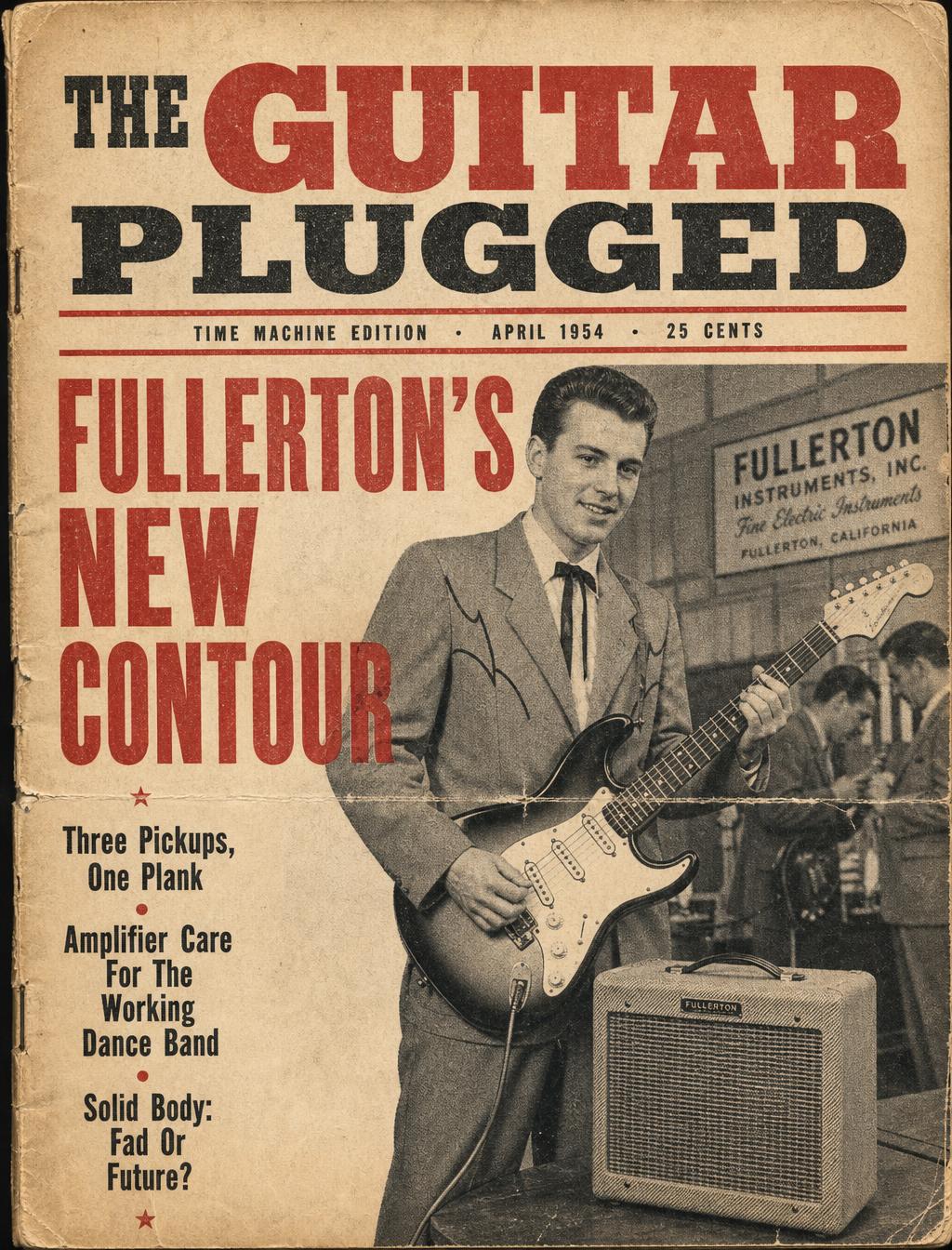 Illustration of a sunburst solidbody electric guitar with a contoured body, three pickups, and a vibrato tailpiece, set against a workbench of tools and wood shavings.