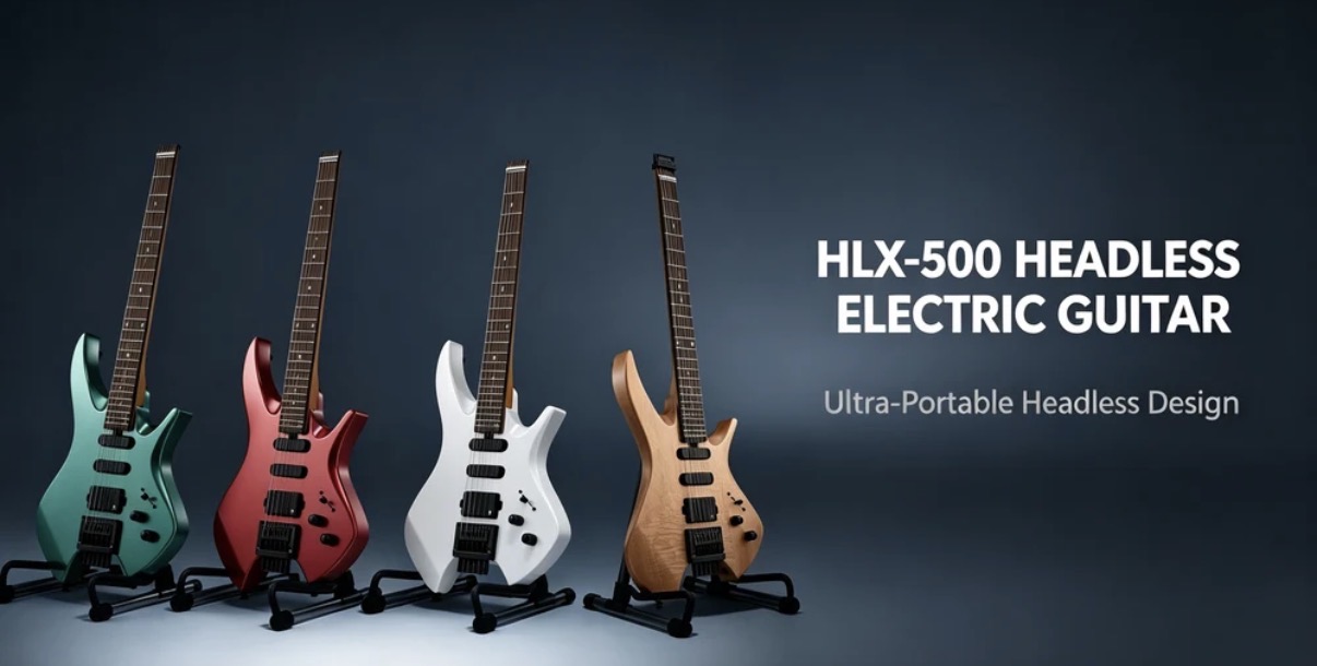 Four Donner HLX-500 headless electric guitars in green, red, white and natural finishes on stands